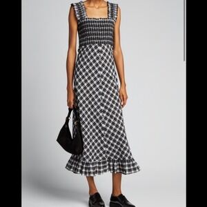 Ganni Black White Seersucker Check Smocked Maxi Dress Ruffle Size 42 - Large
